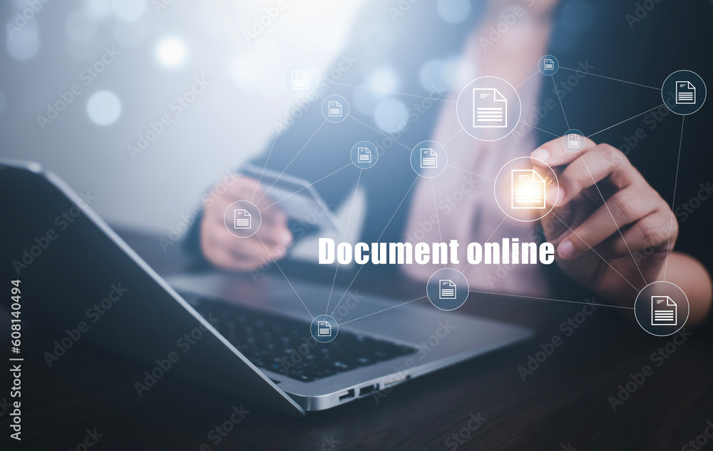 Poster businesswoman working on laptop with virtual screen. online documentation database, it consultant be