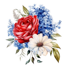 4th of July Flowers Sublimation, 4th of July Watercolor Clipart. Red, Blue and White Watercolor Flowers.