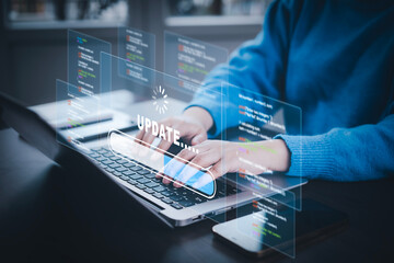 Smartphone and laptop with Update Software Computer Program Upgrade Business Technology Internet,...