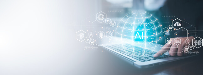 Programmer people working laptops or smartphones with AI, artificial intelligence software engineer coding on laptop computers with technology icons and binary code, big data, Ai bot digital machine