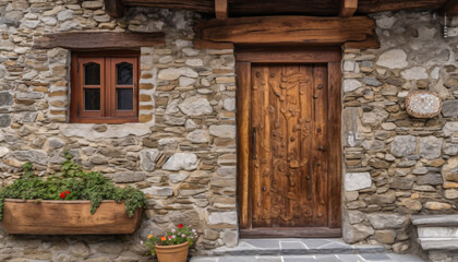 Fototapeta na wymiar Entrance rustic wooden door on the facade of a stone cozy country house or cottage. AI generated