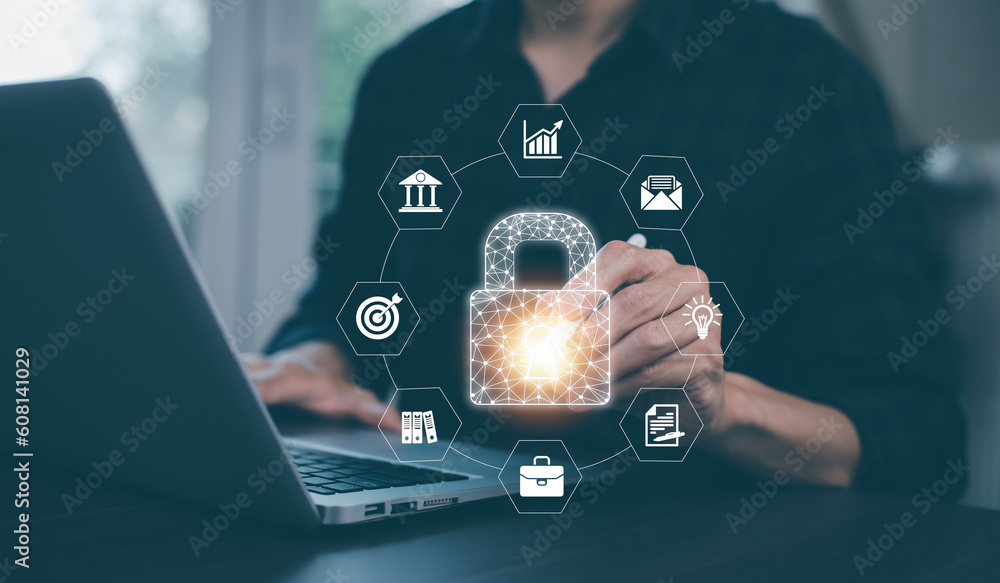 Poster cyber security and security password login online concept hands typing and entering username and pas