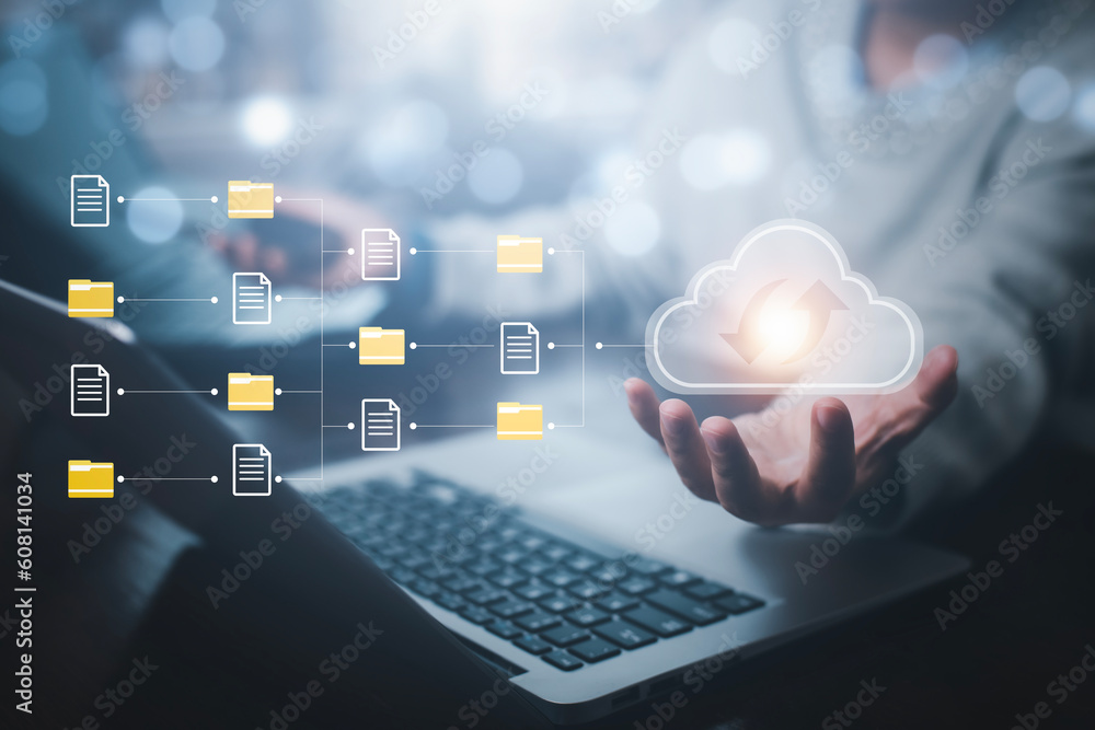 Poster business people using laptop with cloud computing system , storage and data transfer cloud network, 