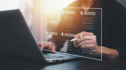 checklist and clipboard task documentation management, business people working laptop checklist questionnaire assessment form, online survey online exam Choosing the right answer in the exam