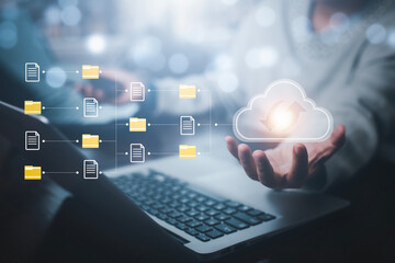 Business people using laptop with cloud computing system , Storage and data transfer Cloud network, Cloud technology. Networking and internet service, sharing download and upload and internet service