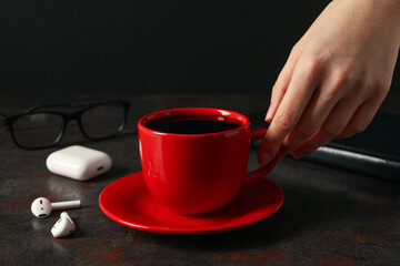 Concept of freelance, composition with hot drink and headphones