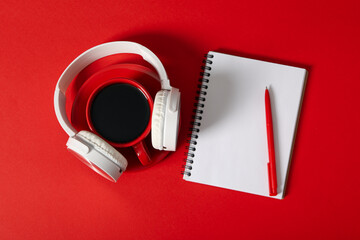 Concept of freelance, composition with hot drink and headphones