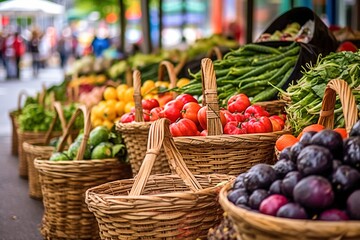 Bustling Outdoor Farmers Market with Fresh Produce - AI Generative Vibrant Outdoor Market with Fresh Fruits and Vegetables - AI Generative