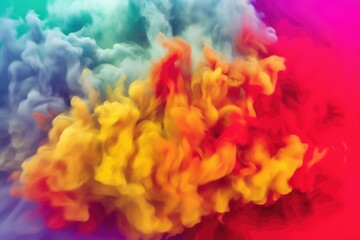 Fototapeta premium Rainbow-colored smoke on a black background, with rainbow-colored clouds of thick fog in the air. A smoke cloud with red, blue, green, yellow, orange, and purple colors.