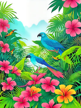 Neon watercolour jungle: birds flowers variety.