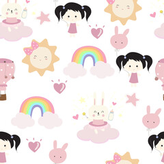 Baby shower seamless pattern  for girl with sky,balloon, rainbow, cloud