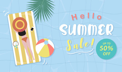 Summer sale background with tiny people, ball,float  in the top view pool.Vector summer banner