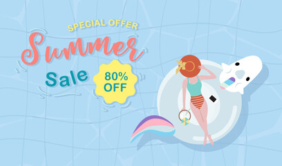 Summer sale background with tiny people,float  in the top view pool.Vector summer banner