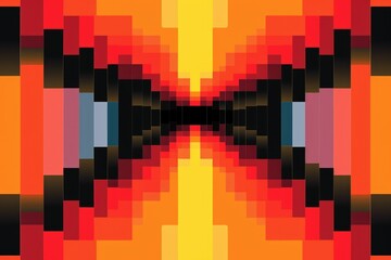 Obraz premium A symmetrical pixel art background pattern with an orange, red, and yellow color scheme, featuring black outlines.