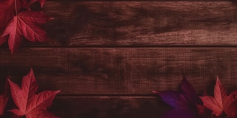Fototapeta premium A dark brown wooden background with red maple leaves on the left and right sides, creating an autumn atmosphere