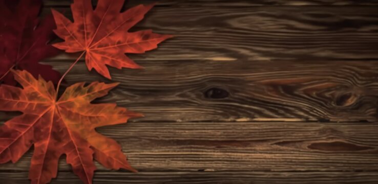 A wooden background with two red maple leaves, symbolizing the concept of fall collections for the American autumn season, featuring a dark brown color scheme and a flat lay composition.