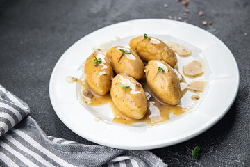 quenelles meat mushroom sauce healthy meal food snack on the table copy space food background rustic top view