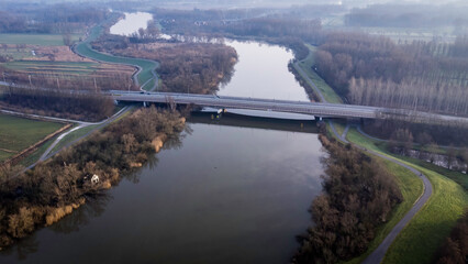 Aerial View of Vlassenbroek Bridge over the Scheldt river, in Dendermonde, Belgium