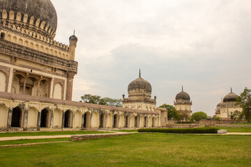 View of giant tomb buildings in the vast area of Qutb Shahi Archaeological Park, Hyderabad, India