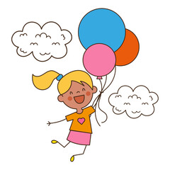 Happy cartoon little girl flying on colorful balloons near the clouds.Cute Child in doodle style. Design for prints, postcards, books, web. Vector illustration isolated on white background