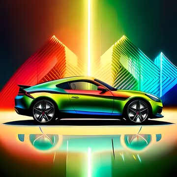 Colorful sports car with shiny rainbow silhouette driving on asphalt, great image to use for blog, website, car magazine, business etc. The concept of intelligence Ai