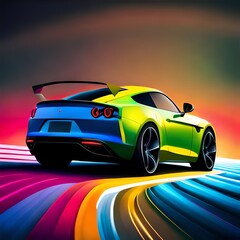 Obraz na płótnie Canvas Colorful sports car with shiny rainbow silhouette driving on asphalt, great image to use for blog, website, car magazine, business etc. The concept of intelligence Ai