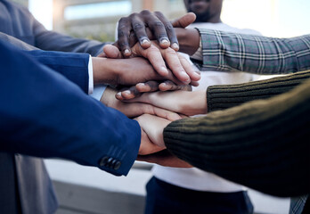 People, hands and team together in celebration, collaboration and solidarity in business. Hand,...