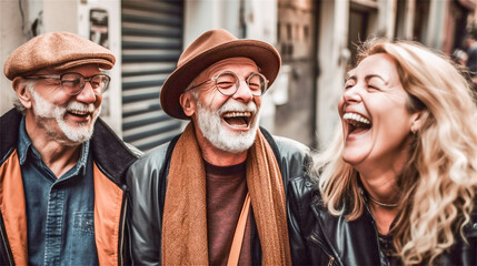 a group of old friends laugh heartily together, generative AI