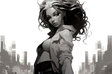 a expressive black and white female illustration inspired by hip hop culture and comics art. generative AI