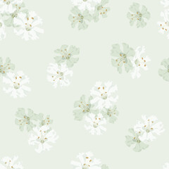 seamless pattern with white flowers, green background, pastel color, glory vine