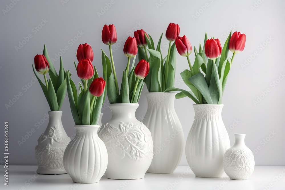 Poster a collection of white vases filled with red flowers in each of the vases generative ai