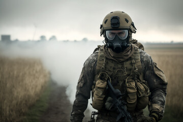 A group of modern-day soldiers in full equipment conducts a patrol in an unurbanized area created with generative AI technology