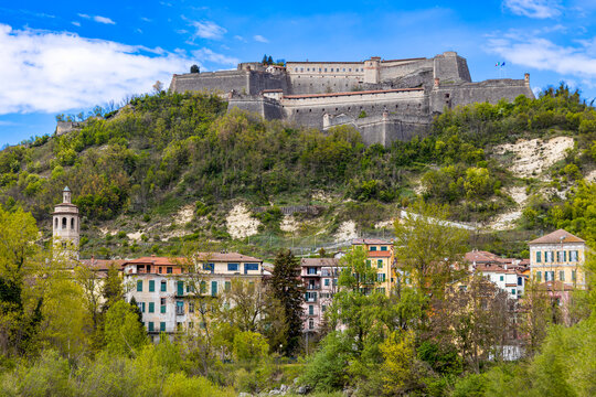 View of the village of Gavi Ligure with the Fort, province of Alessandria, Italy