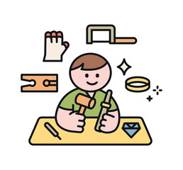 One day class workshop. People are learning new skills. Illustration of geometric design. ring designer craft.