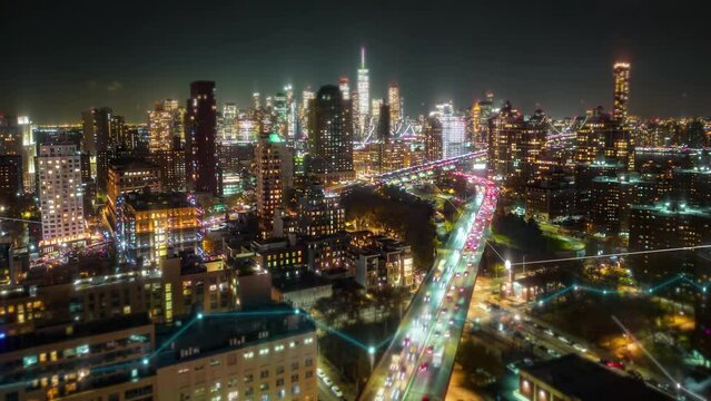 Aerial panoramic hyper lapse footage of night metropolis. Heavy traffic on multilane expressway. Digital lines and charts, analysing collected data visual effects. New York City, USA