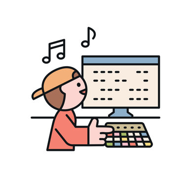 boy composing music on computer, colorful clip art preview