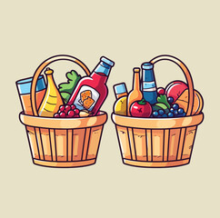 Picnic Basket With Meal Beverage and Various Fruit Hand Drawn Vector Illustration