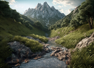 Obraz premium a panoramic view of towering mountains in a natural environment with Lush forest with flowing water river enveloped in a landscape of breathtaking beauty of nature green colors