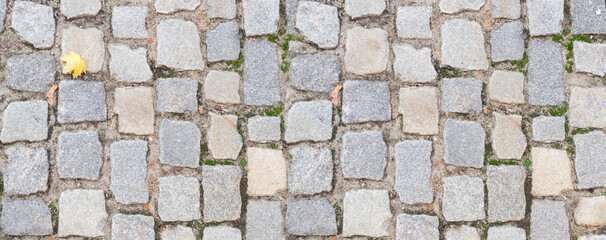 Grey Old Stone Pavement Top View or Granite Cobblestone Road