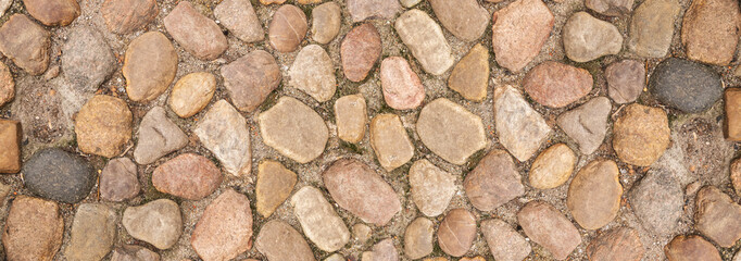 Brown Old Stone Pavement Top View or Granite Cobblestone Road