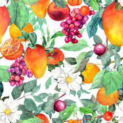 Ripe tropical fruits seamless pattern. Lush mango, rich oranges, grape, exotic leaves, jungle flowers. Watercolor vibrant jungle plants design, natural repeating background