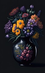 Black vase with flowers on a black background.