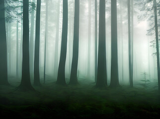 Fototapeta premium Foggy forest with vintage vibe and space.