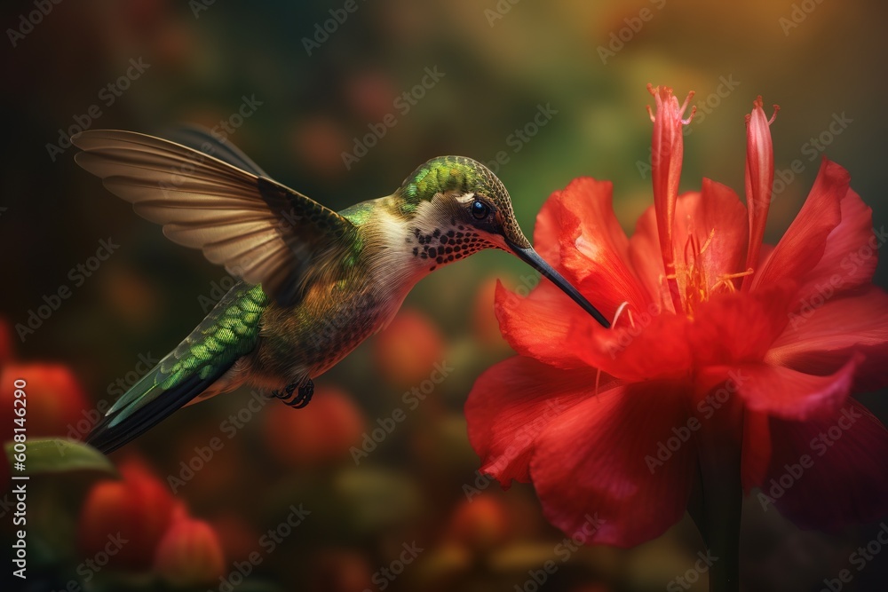 Poster a hummingbird that is hovering above a flower that is crimson. generative ai