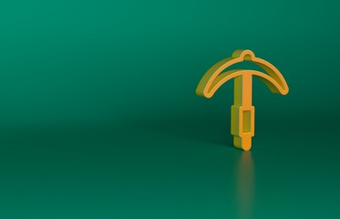 Orange Pickaxe icon isolated on green background. Minimalism concept. 3D render illustration
