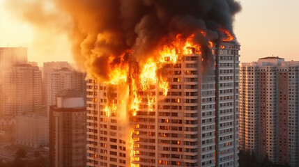 Burning buildings in the city. Concept of disaster. Generative AI.