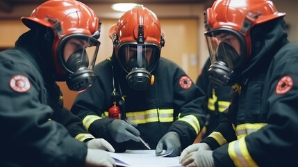 Group of firemen in uniform writing on paper in fire station. Generative AI.