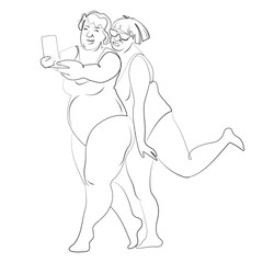 Cheerful old ladies in swimsuits take selfie on the beach.Line art vector illustration.Old people traveling and having fun.Elderly grandmothers summer vacation