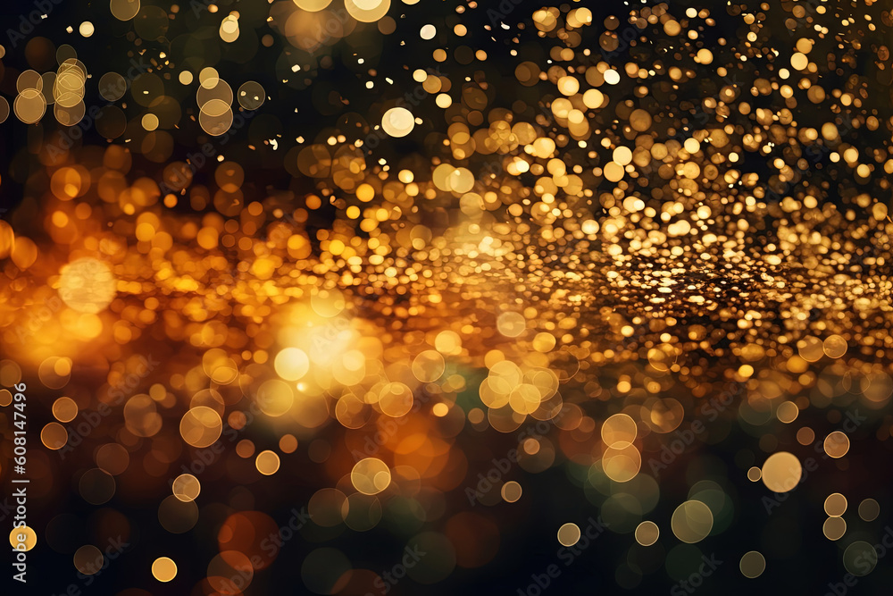 Poster a golden glitter bokeh background, with sparkles and shiny particles creating a dark abstract textur