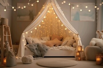 Kinderzimmer in hellen Farben.  Gemütliche Kinderzimmereinrichtung, skandinavisches nordisches Design mit hellen Girlanden und weichen Kissen, Zelthimmelbett, Generiert mit KI 
